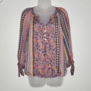 Fig & Flower Boho Cottagecore Blouson Sleeve Ditsy Floral V-Neck Blouse